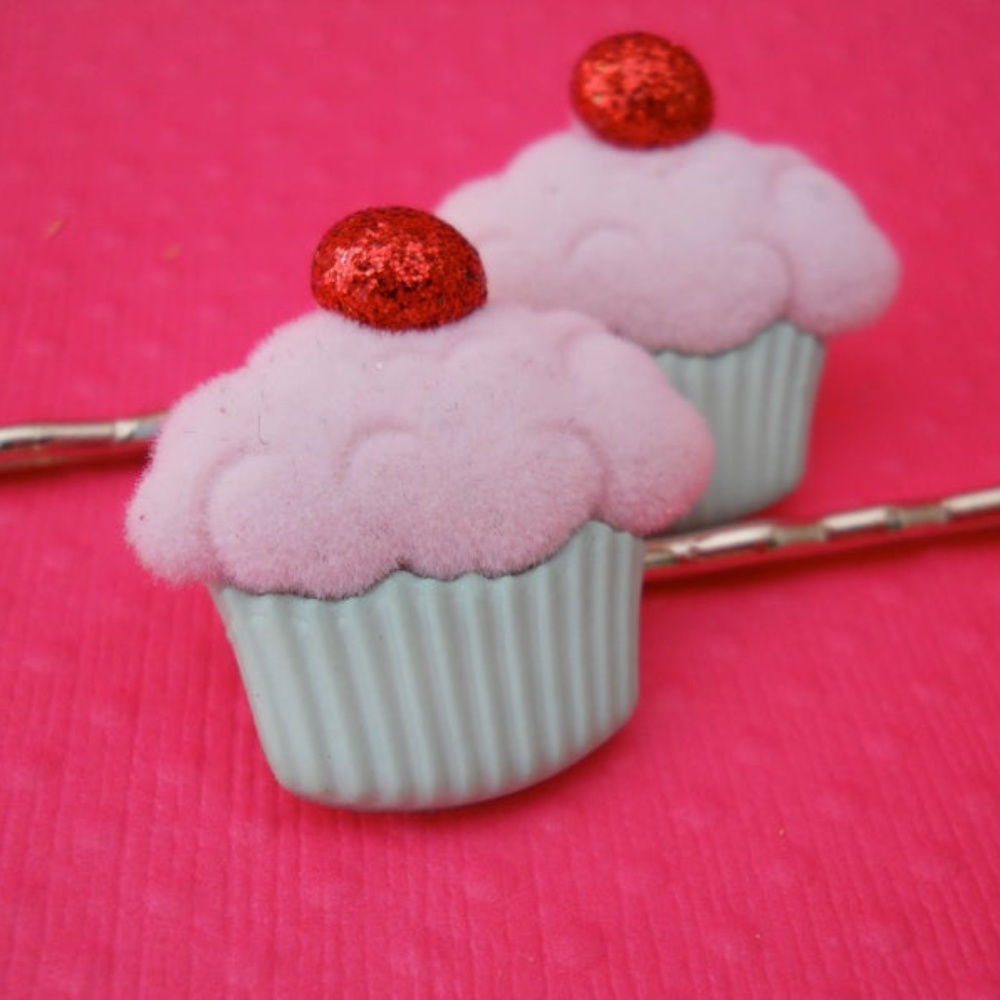 cherry berry cupcake hairpins - pink and sea green - Picture 3 of 5